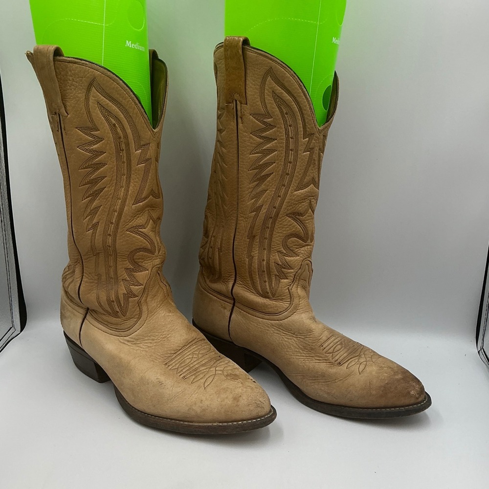 Nocona Tan Leather Cowboy Boots Mens Size 8.5 EE Western Stitch Detail